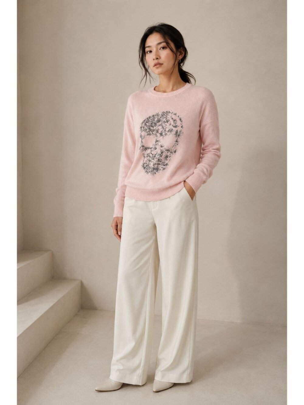 Zadig & Voltaire Gaby Multi Skull Strass Pink Cashmere Wool Sweater Women’s L